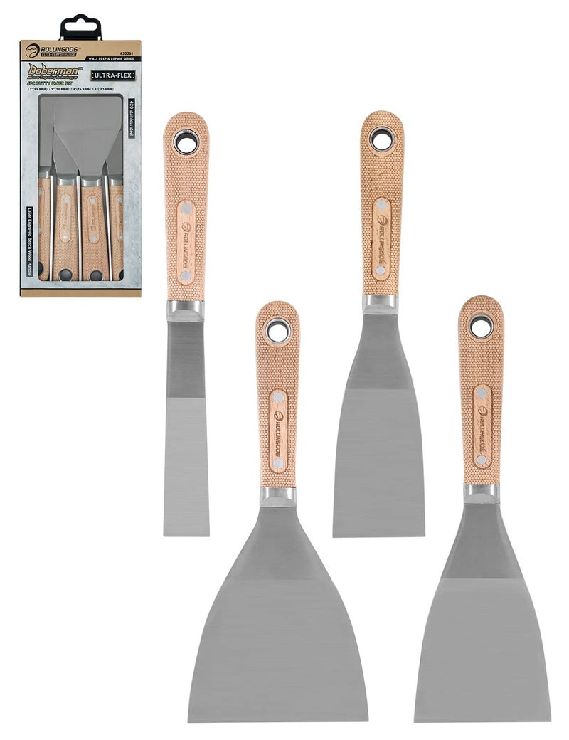 ROLLINGDOG 4PC Putty Knife Scrapers - Stainless Steel Spackle Knife Set with Laser Engraved Wood Handle for Scrapering,Drywall Repairs and Spreading(1",2",3",4") - Image 1